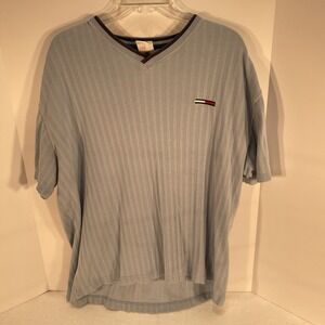 Tommy Jeans Men's XL Textured Knit V Neck Shirt Light Blue Stripe Retro Y2K Logo